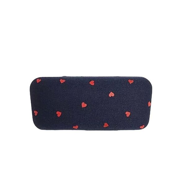 J. Crew Navy Heart Print Canvas Eyewear Hard Shell Case - Picture 1 of 4